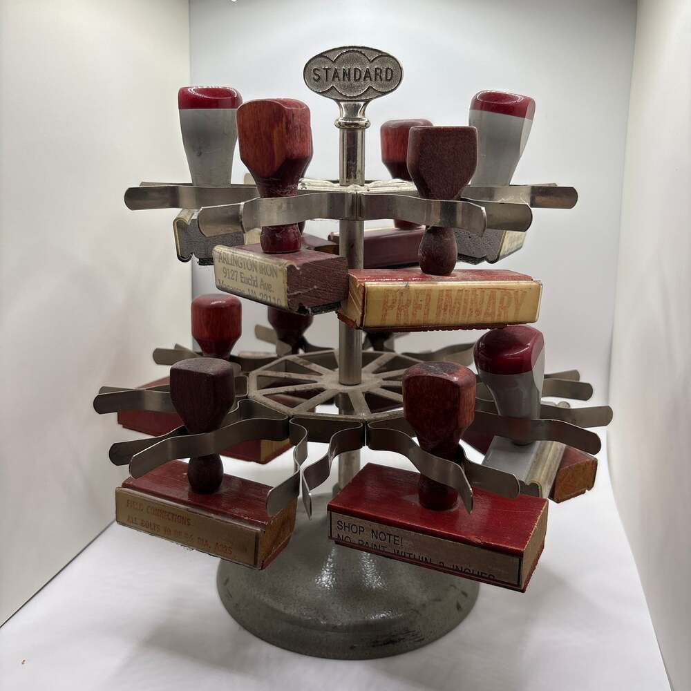Vintage Standard Double-Decker Rotating Rubber Stamp Carousel Holder with Stamps